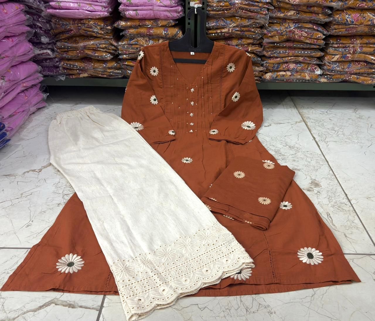 Brown Cotton Embroidered Kurti Set with Dupatta